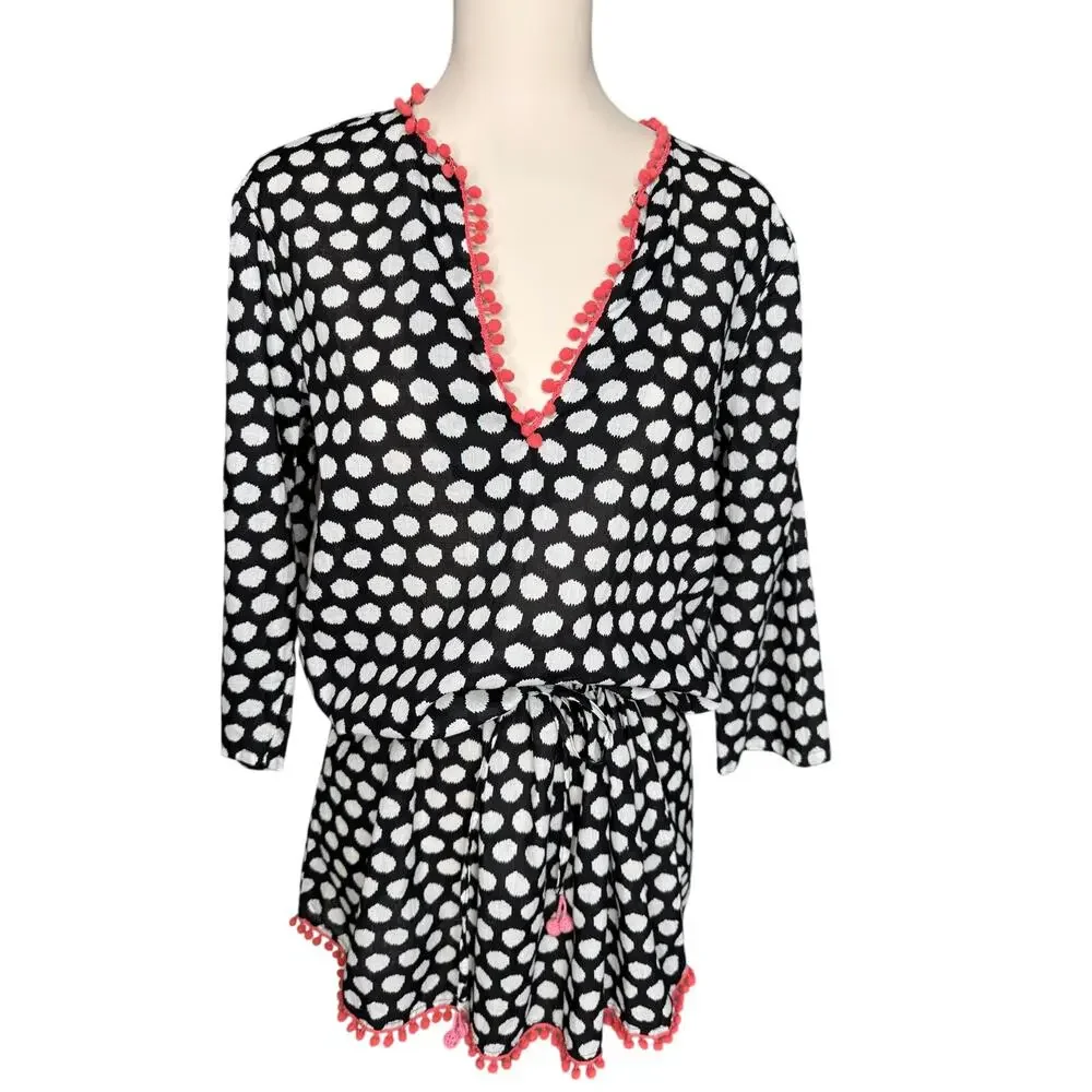 Shiraleah Chicago Polka Dot Cotton Cover Up Tunic Pom Trim Belted Medium